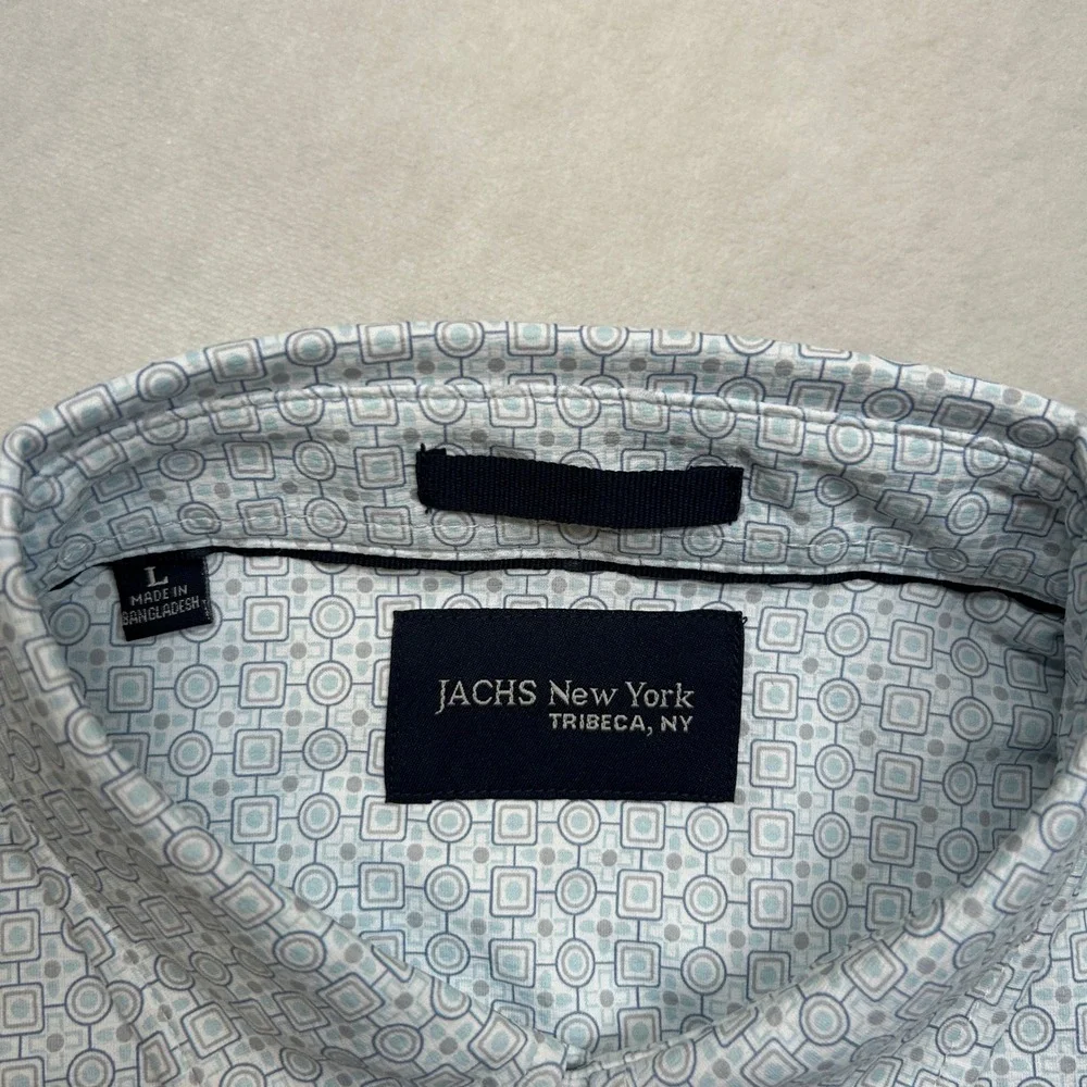 JACHS New York Shirt Mens Blue Grey Large Geometric Print Short Sleeve Button Up